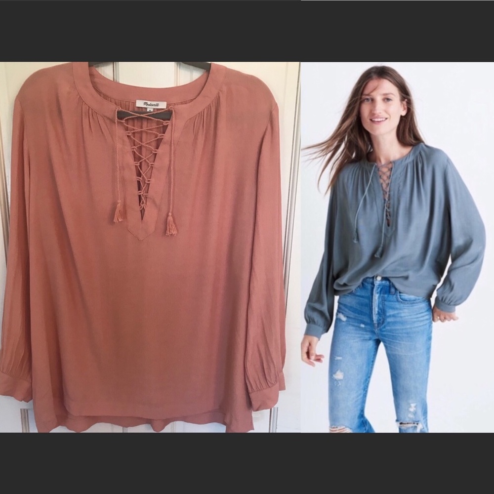 Madewell Lace Up Peasant Top in Dusty Rose, NWOT